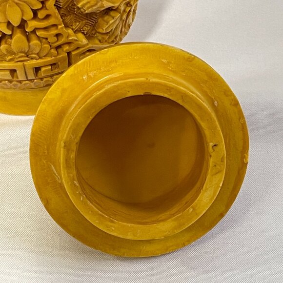 VINTAGE YELLOW Hand Carved Chinese Lidded Jar - Picture 8 of 13